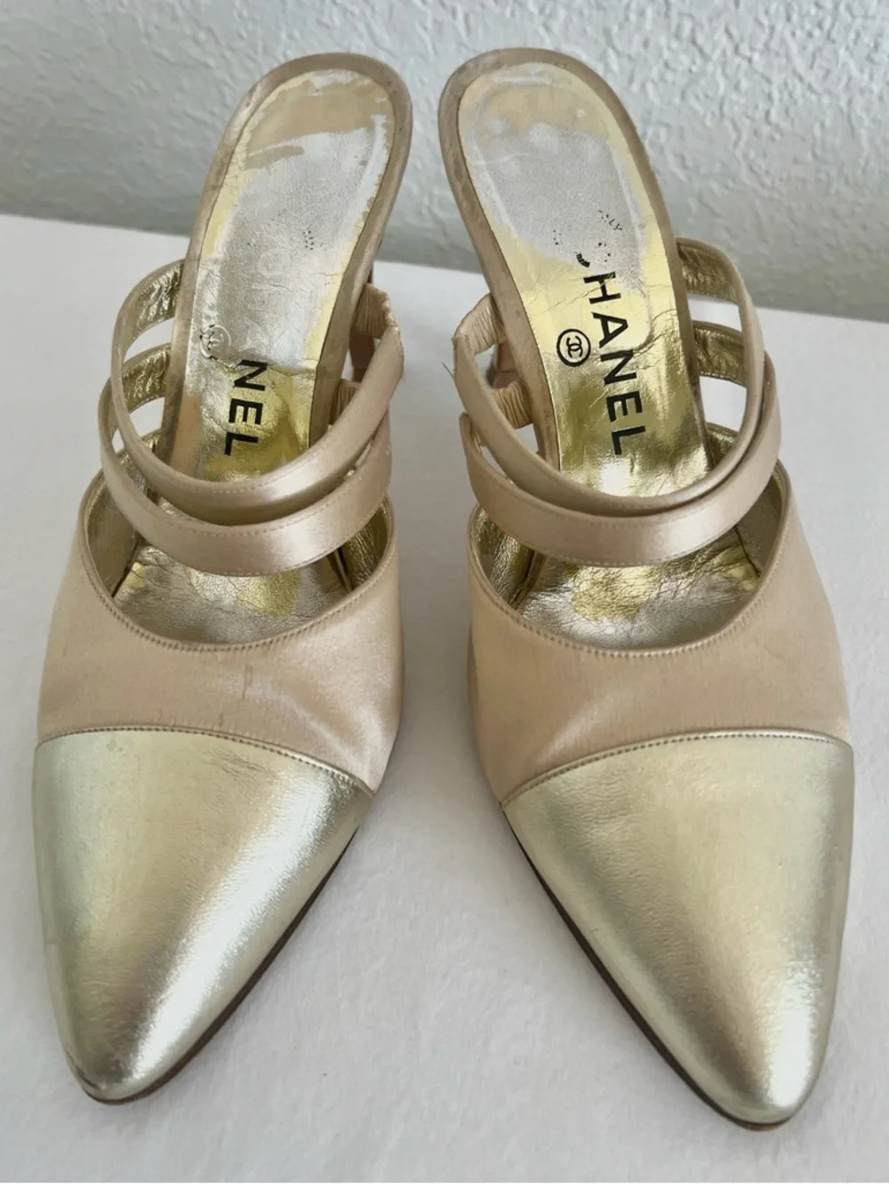 Chanel Dual Strap Satin Mules Vintage